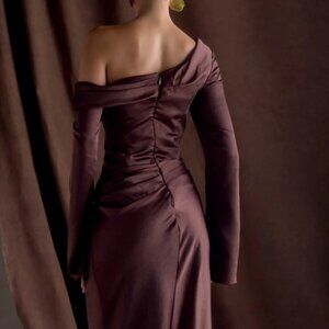 Meshki - Dark Chocolate Long Sleeve Satin Maxi Dress